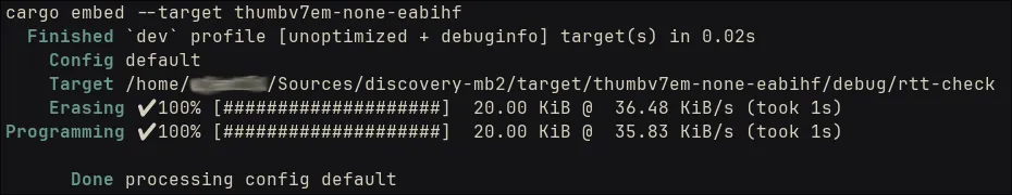 Screenshot of terminal running `cargo embed`