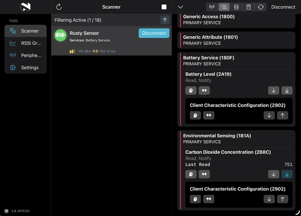 Screenshot of nRF Connect mobile app showing the device and its services