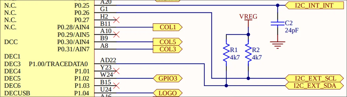 Micro:Bit schematic showing the I2C external bus pins.